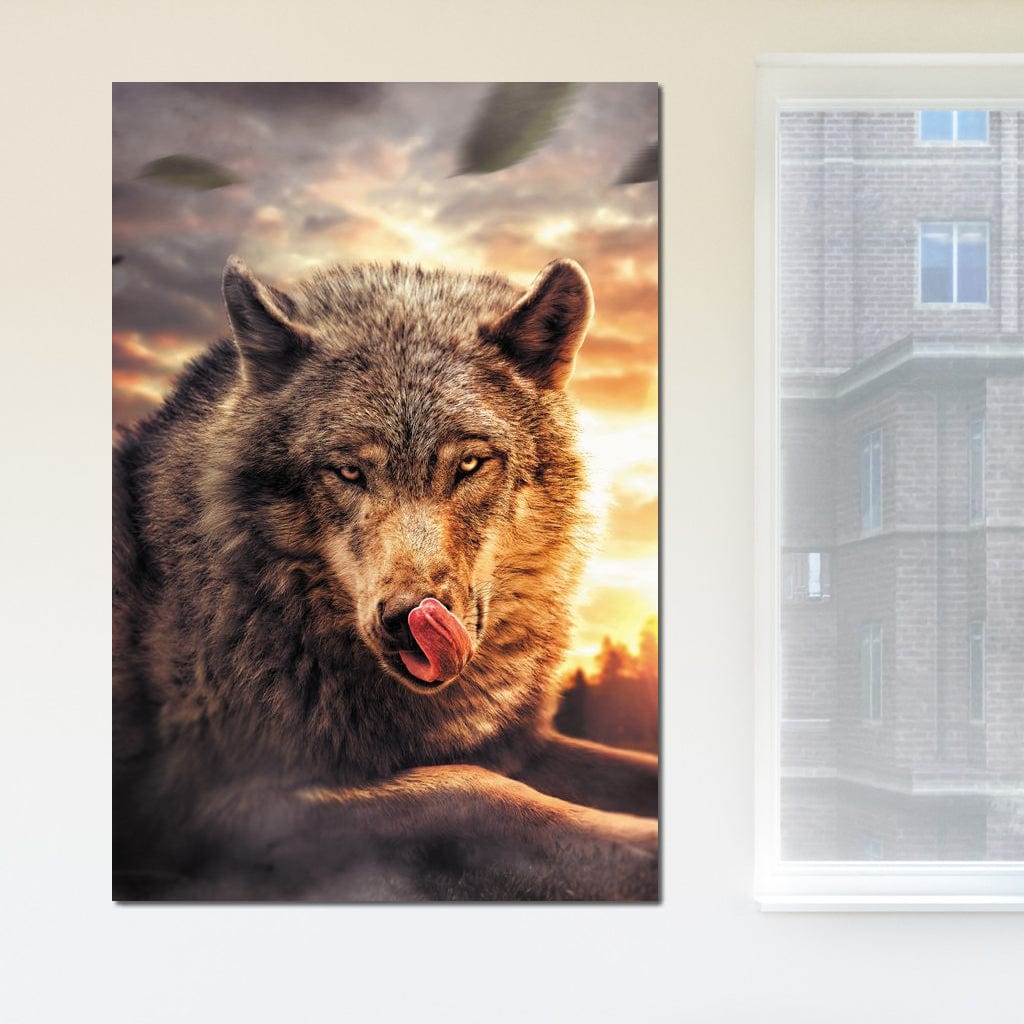 tablou canvas cu un lup in peisaj cu apus de soare