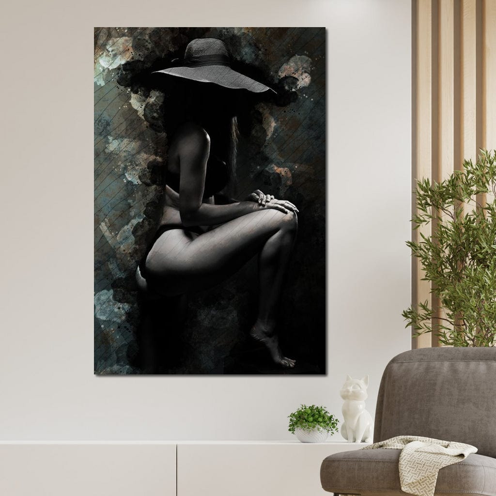 Tablou Canvas Premium LuxCanva® G1017, Sub Palaria Misterului , Palarie, Silueta, Umbra, Dorinta, Senzualitate, Feminitate, Eleganta, Living, Dormitor, Culori vibrante