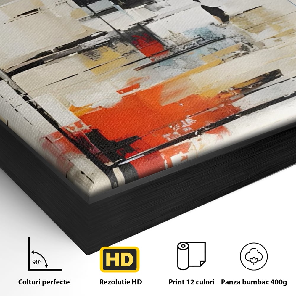 Detaliu al suprafetei: pictura abstracta cu linii si pete, in rama de aluminiu negru