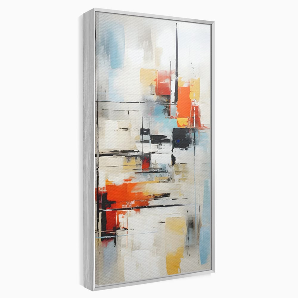 Tablou canvas cu pictura abstracta cu linii si pete, in rama de aluminiu argintiu