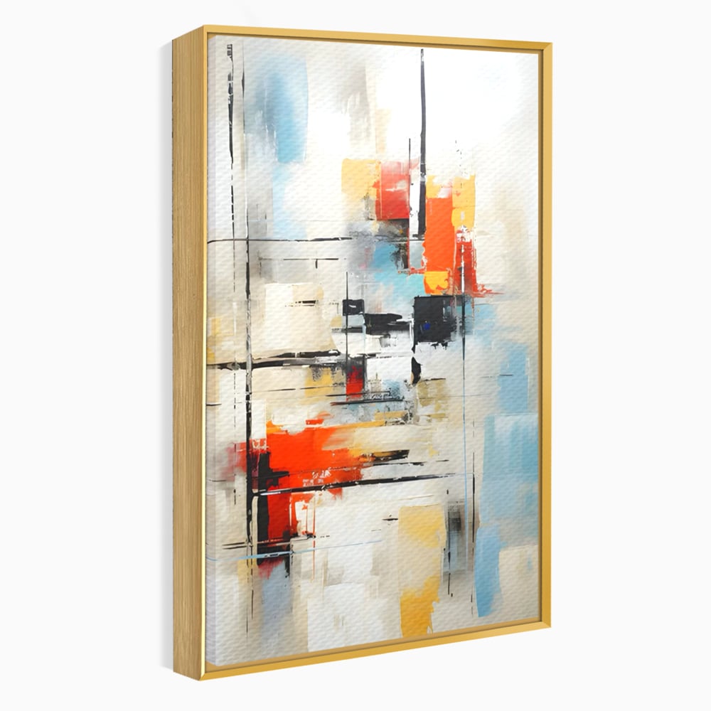 Tablou canvas cu pictura abstracta cu linii si pete, in rama de aluminiu auriu