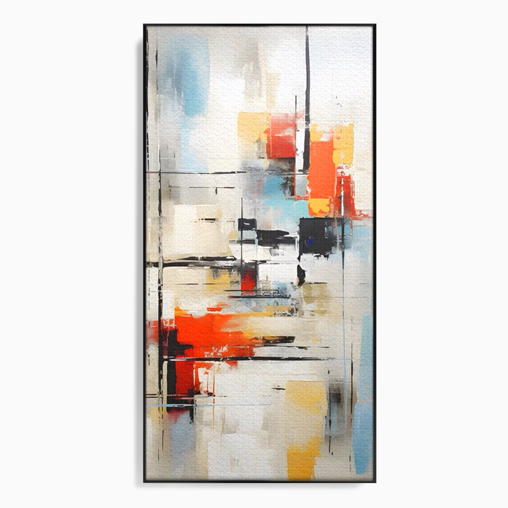 Tablou canvas cu pictura abstracta cu linii si pete, in rama de aluminiu negru