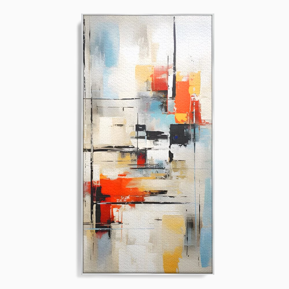 Tablou canvas cu pictura abstracta cu linii si pete, in rama de aluminiu argintiu