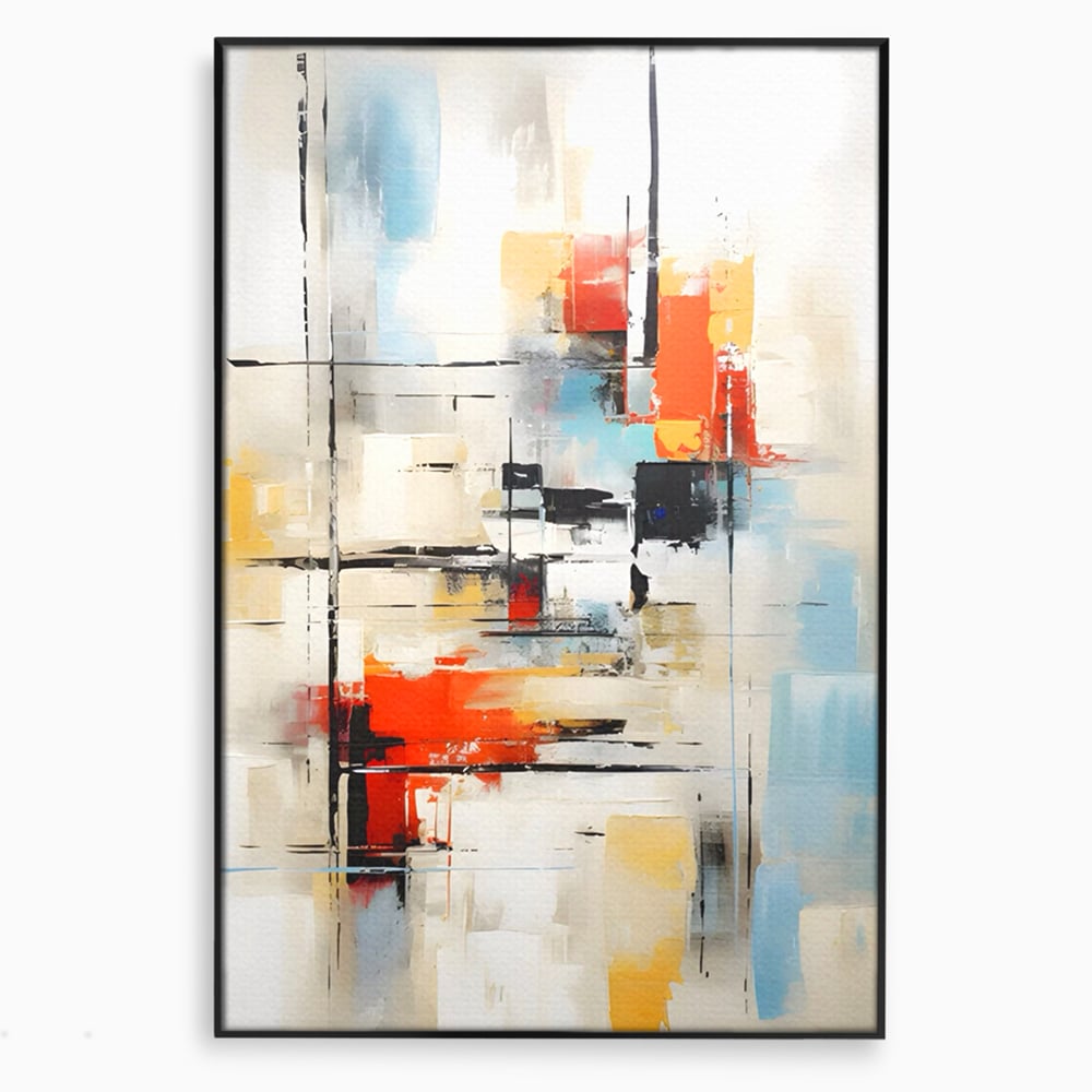 Tablou canvas cu pictura abstracta cu linii si pete, in rama de aluminiu negru