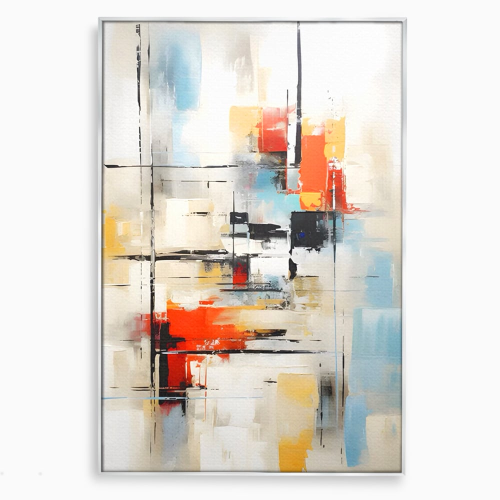 Tablou canvas cu pictura abstracta cu linii si pete, in rama de aluminiu argintiu