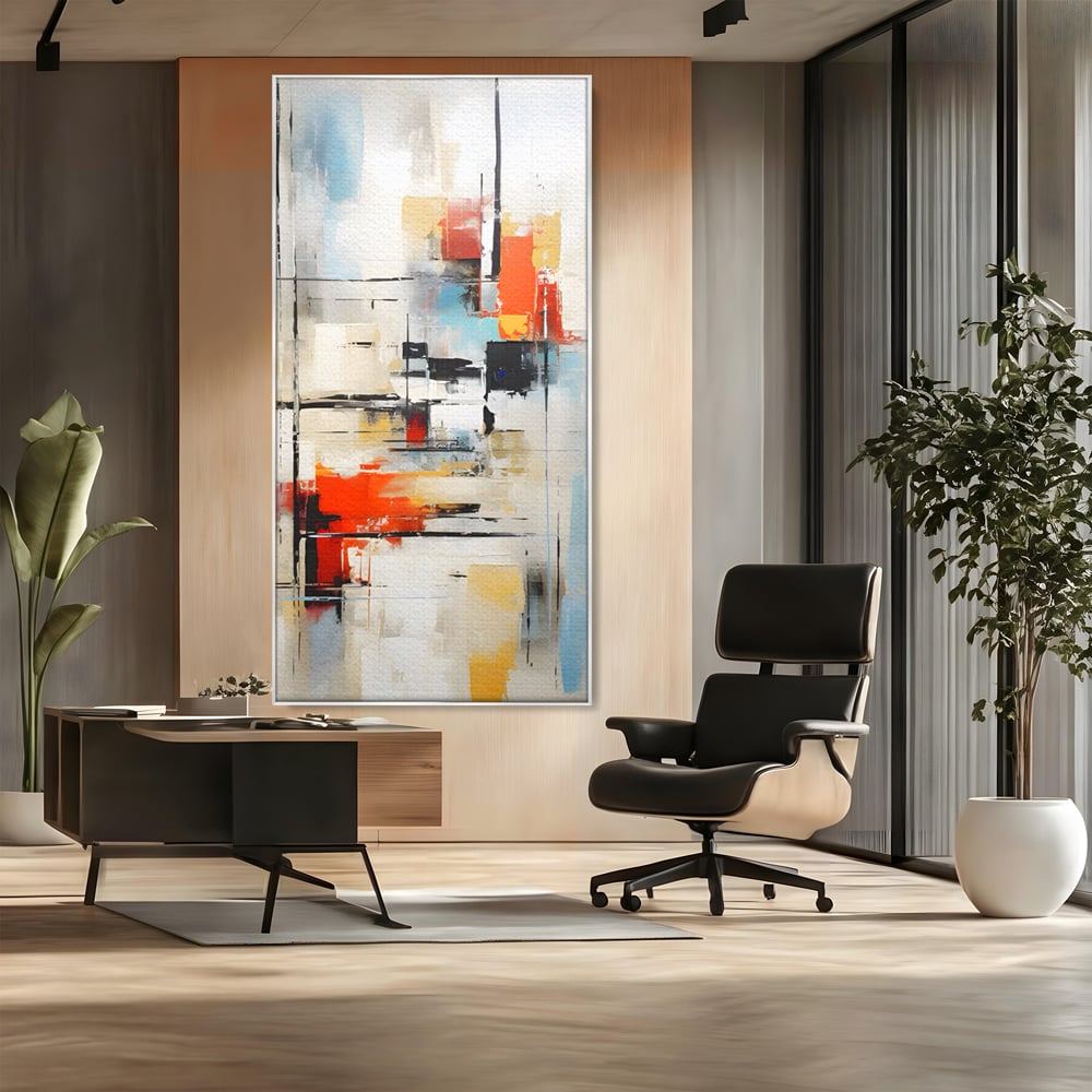 Tablou canvas cu pictura abstracta cu linii si pete, in rama de aluminiu argintiu, pe perete intr-un birou
