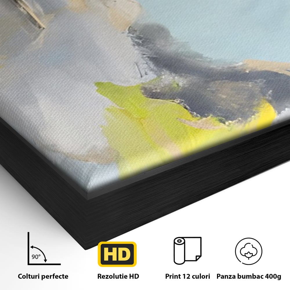 Detaliu al suprafetei: pictura abstracta cu pete de culoare, in rama de aluminiu negru