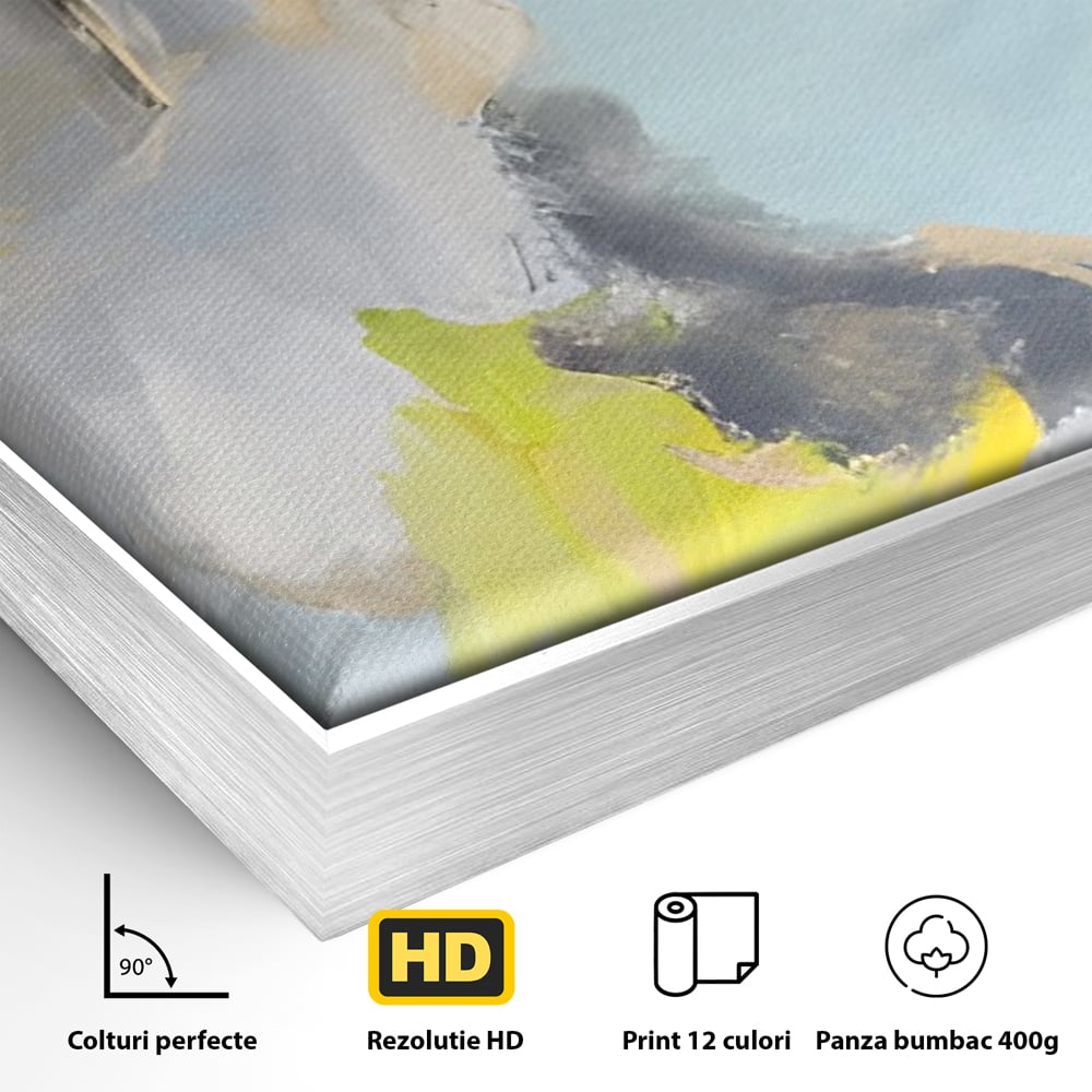 Detaliu al suprafetei: pictura abstracta cu pete de culoare, in rama de aluminiu argintiu
