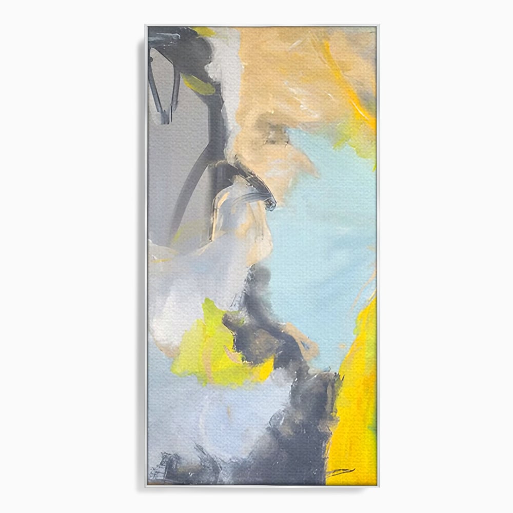 Tablou canvas cu pictura abstracta cu pete de culoare, in rama de aluminiu argintiu