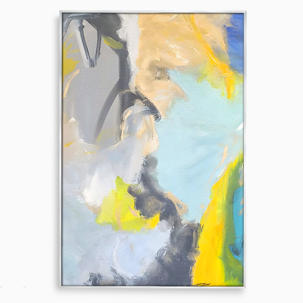 Tablou canvas cu pictura abstracta cu pete de culoare, in rama de aluminiu argintiu