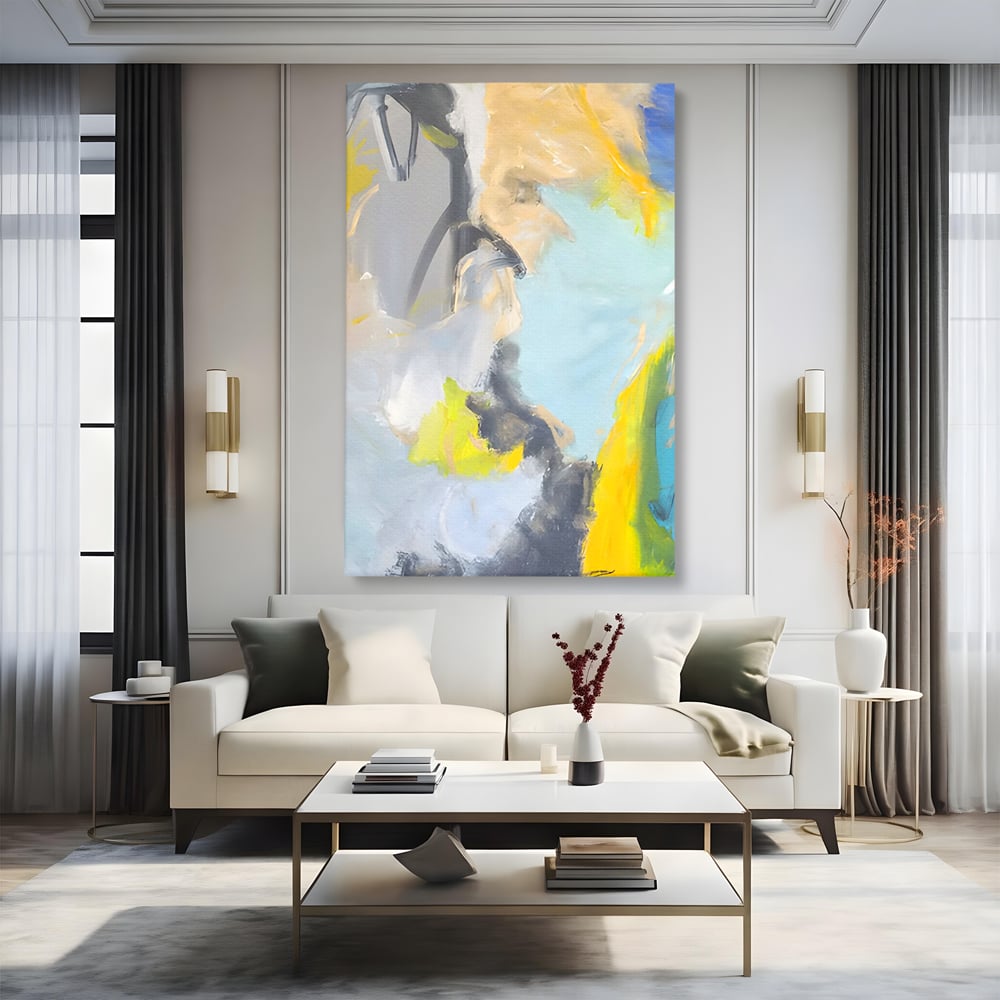 Tablou canvas cu pictura abstracta cu pete de culoare, fara rama, pe sasiu de lemn, pe perete intr-un living