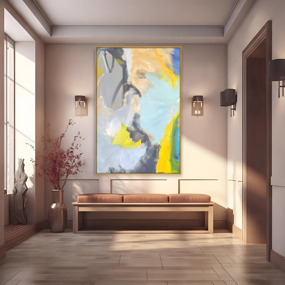 Tablou canvas cu pictura abstracta cu pete de culoare, in rama de aluminiu auriu