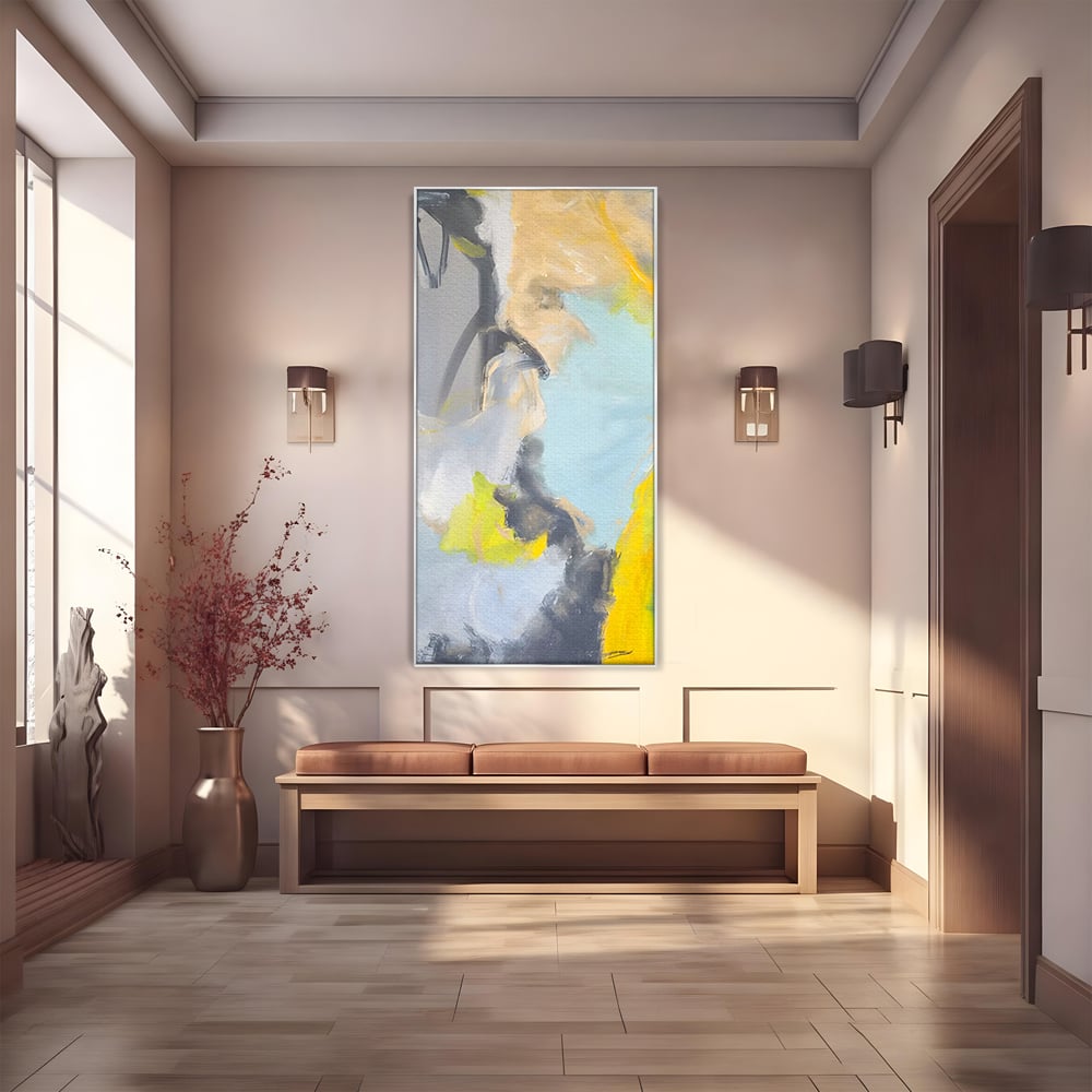 Tablou canvas cu pictura abstracta cu pete de culoare, in rama de aluminiu argintiu