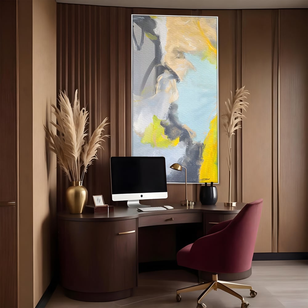 Tablou canvas cu pictura abstracta cu pete de culoare, in rama de aluminiu argintiu, pe perete intr-un birou