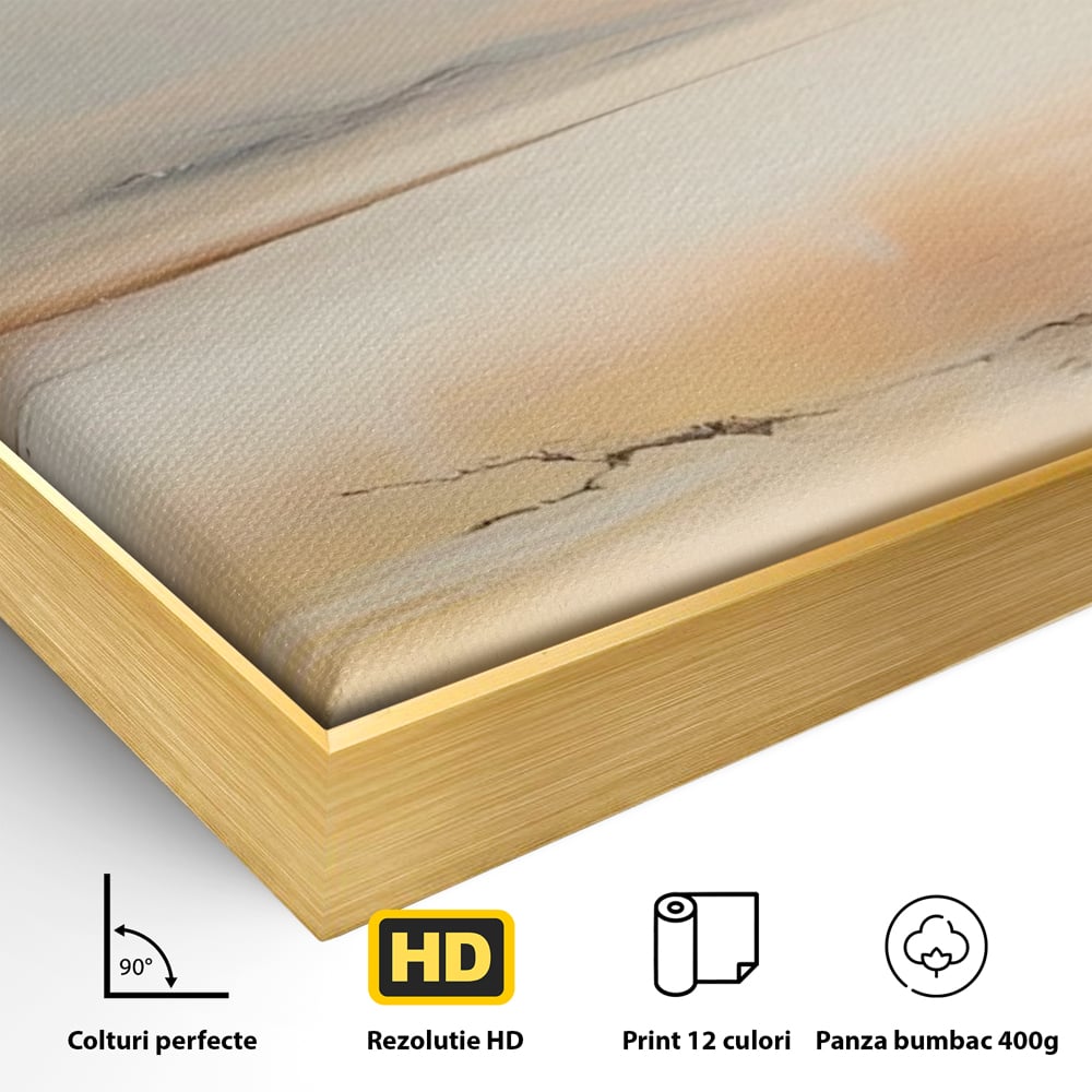 Detaliu al suprafetei: pictura peisaj abstract cu dealuri, in rama de aluminiu auriu