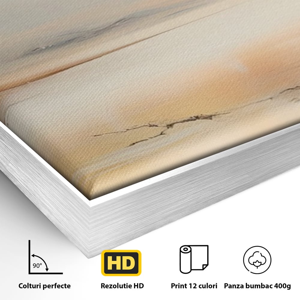 Detaliu al suprafetei: pictura peisaj abstract cu dealuri, in rama de aluminiu argintiu