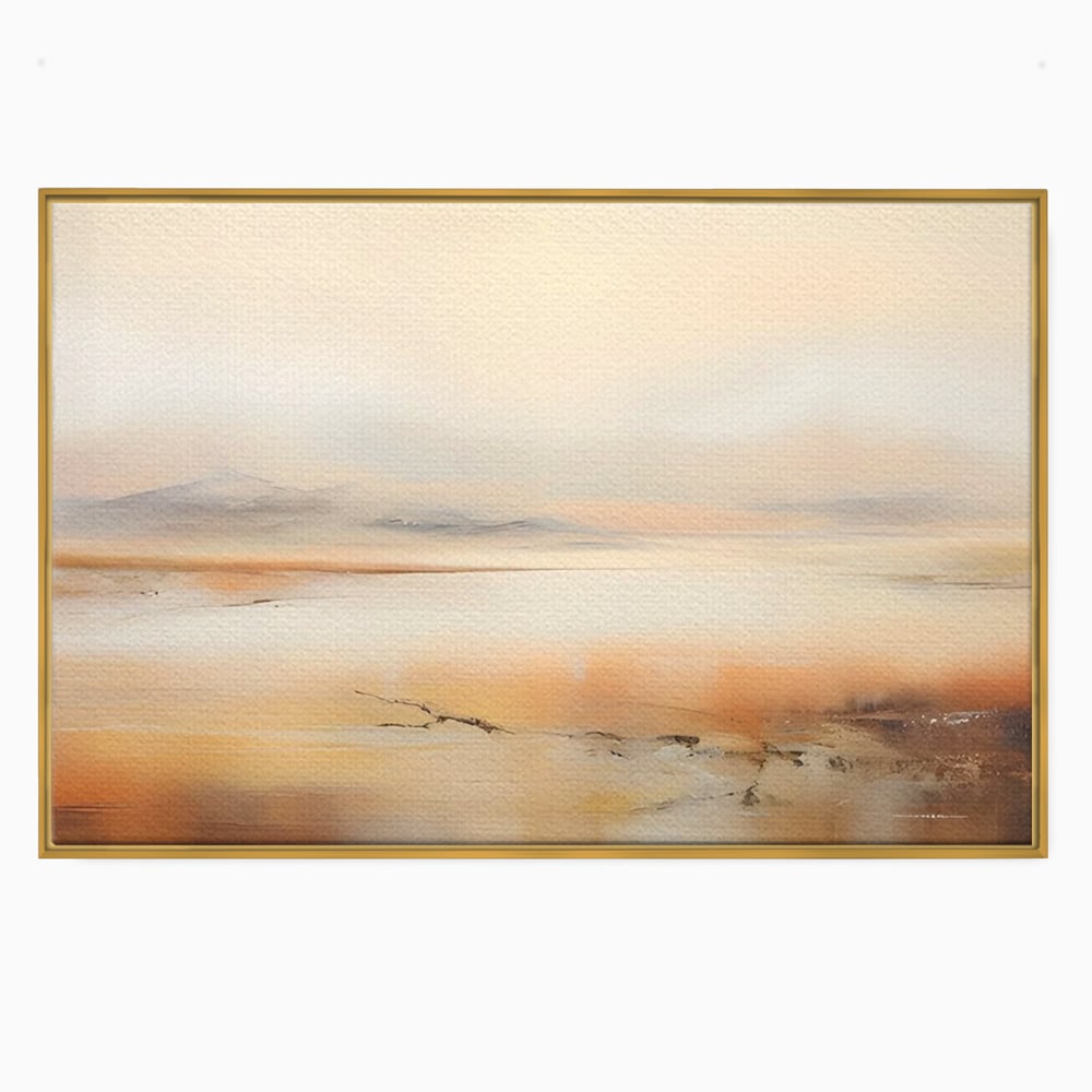 Tablou canvas cu pictura peisaj abstract cu dealuri, in rama de aluminiu auriu