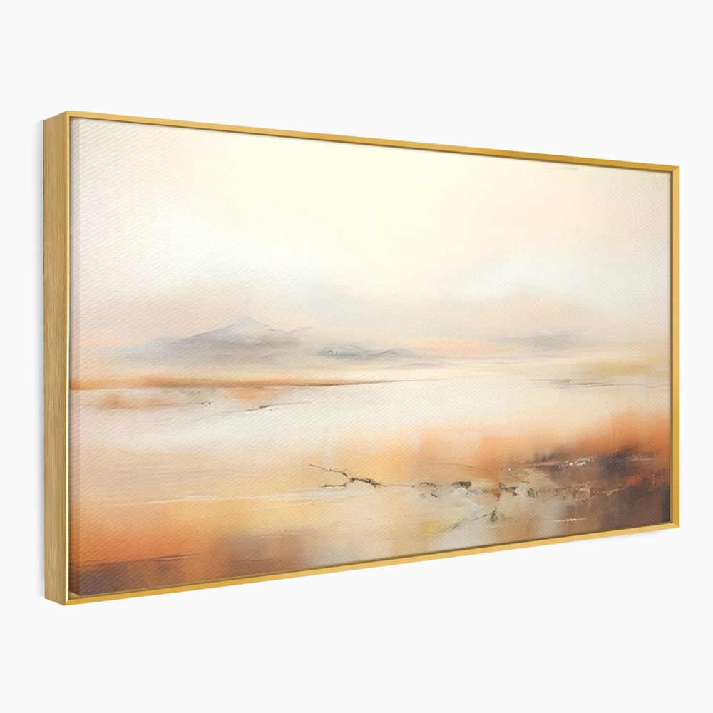 Tablou canvas cu pictura peisaj abstract cu dealuri, in rama de aluminiu auriu