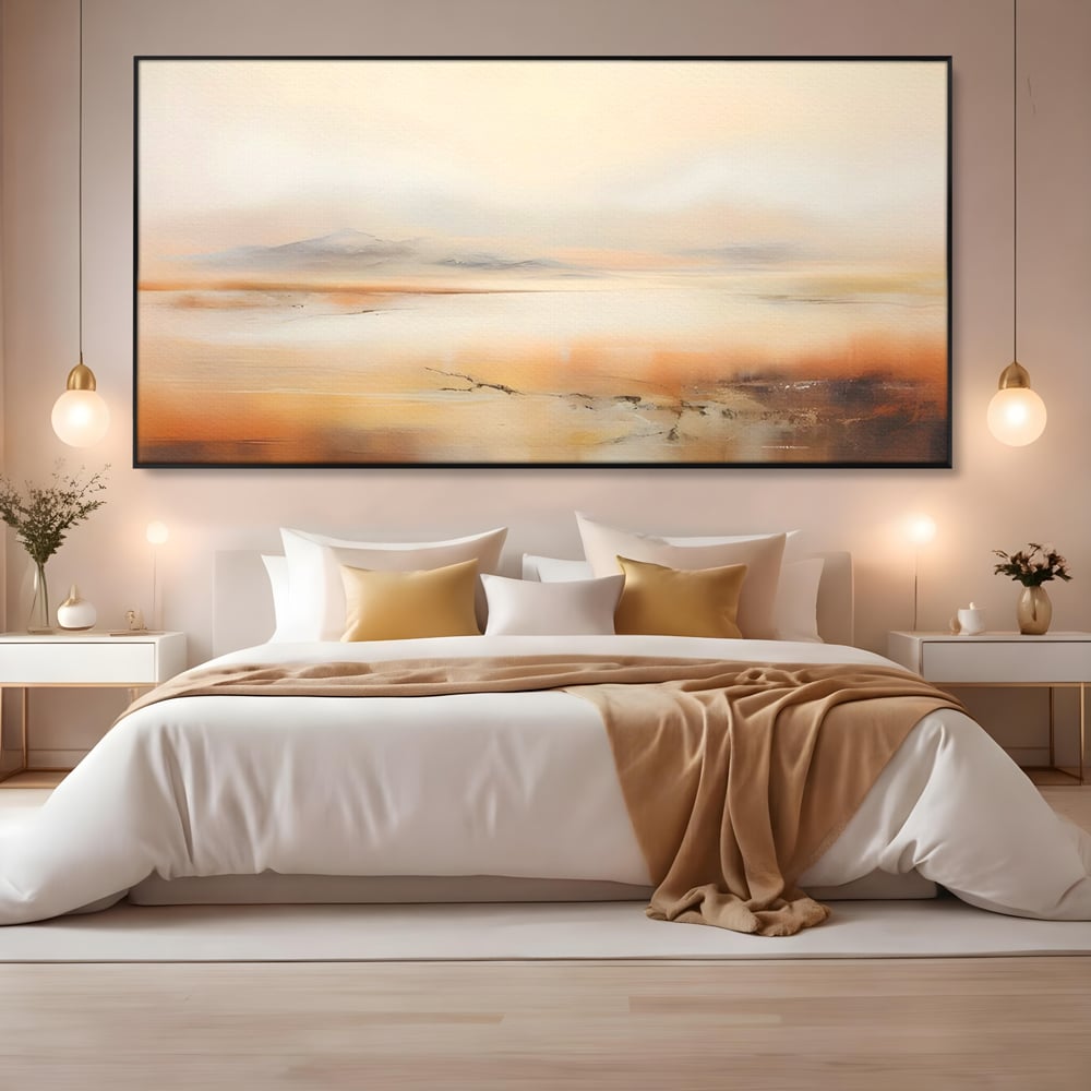 Tablou canvas cu pictura peisaj abstract cu dealuri, in rama de aluminiu negru, pe perete intr-un dormitor