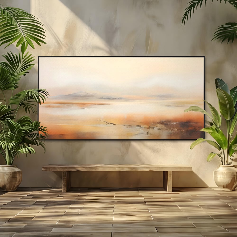 Tablou canvas cu pictura peisaj abstract cu dealuri, in rama de aluminiu negru