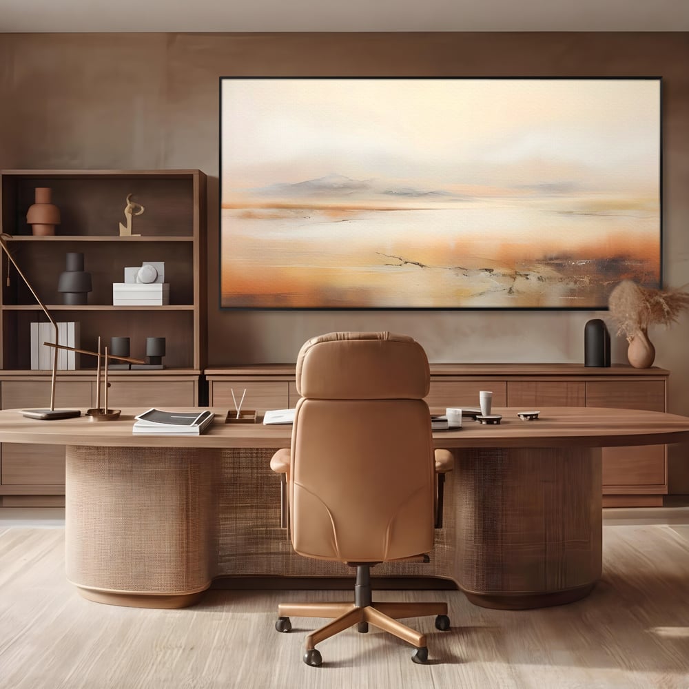 Tablou canvas cu pictura peisaj abstract cu dealuri, in rama de aluminiu negru, pe perete intr-un birou