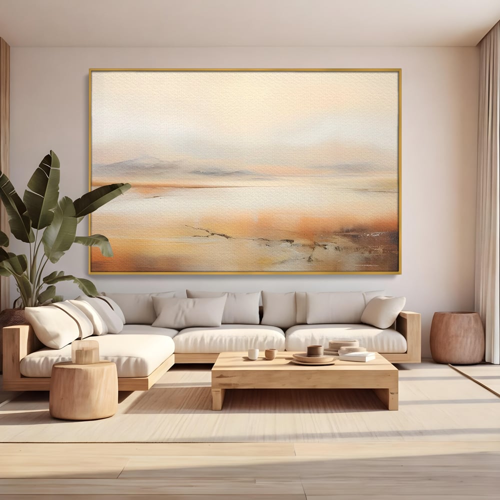 Tablou canvas cu pictura peisaj abstract cu dealuri, in rama de aluminiu auriu, pe perete intr-un living