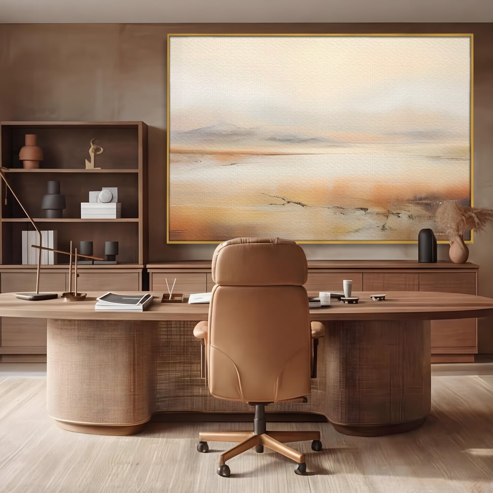 Tablou canvas cu pictura peisaj abstract cu dealuri, in rama de aluminiu auriu, pe perete intr-un birou