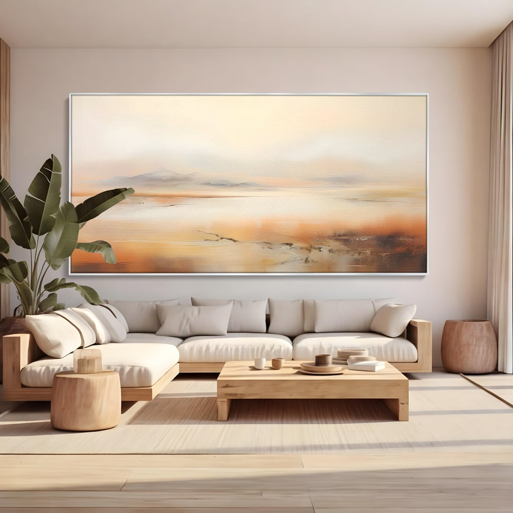 Tablou canvas cu pictura peisaj abstract cu dealuri, in rama de aluminiu argintiu, pe perete intr-un living