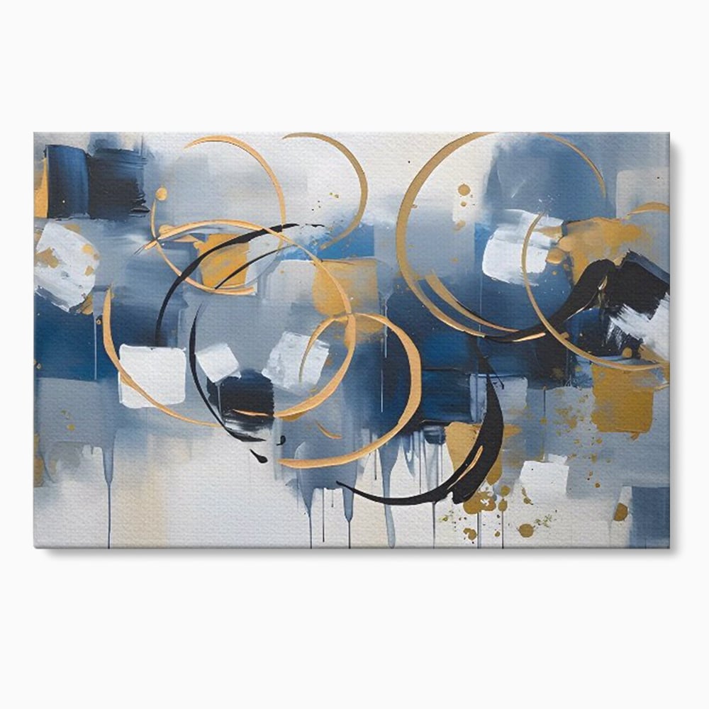 Tablou canvas cu pictura abstracta cu cercuri aurii si albastre, fara rama, pe sasiu de lemn