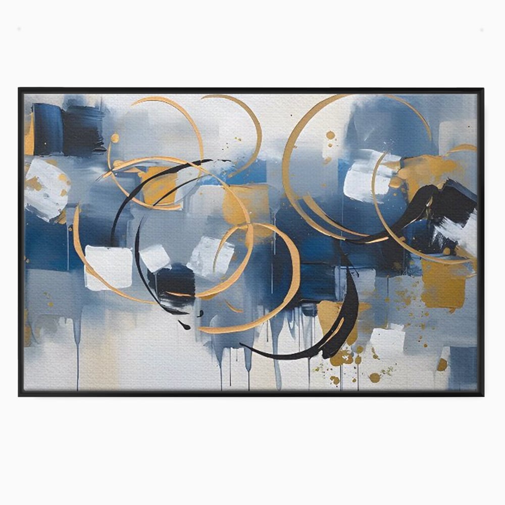 Tablou canvas cu pictura abstracta cu cercuri aurii si albastre, in rama de aluminiu negru