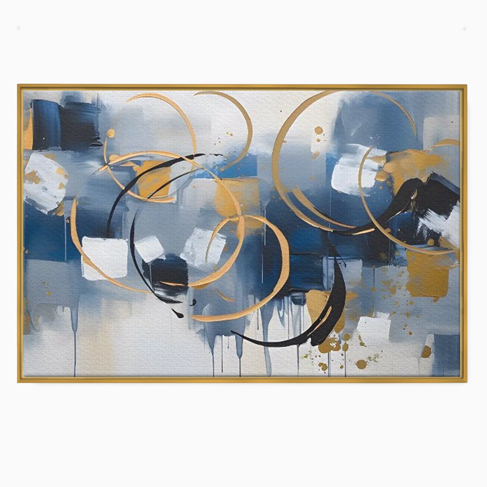 Tablou canvas cu pictura abstracta cu cercuri aurii si albastre, in rama de aluminiu auriu