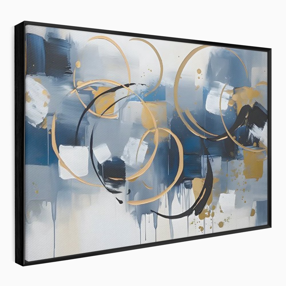 Tablou canvas cu pictura abstracta cu cercuri aurii si albastre, in rama de aluminiu negru