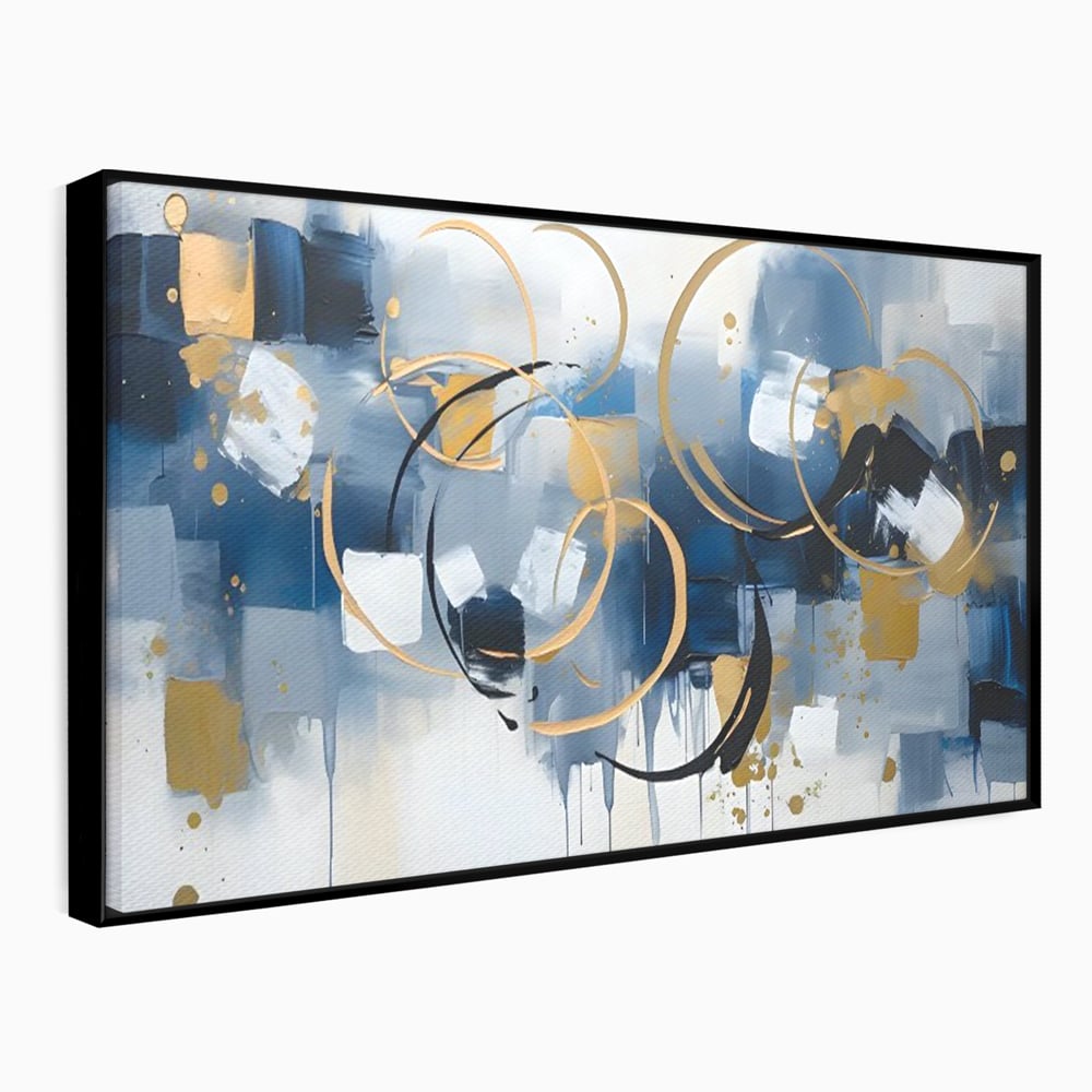 Tablou canvas cu pictura abstracta cu cercuri aurii si albastre, in rama de aluminiu negru