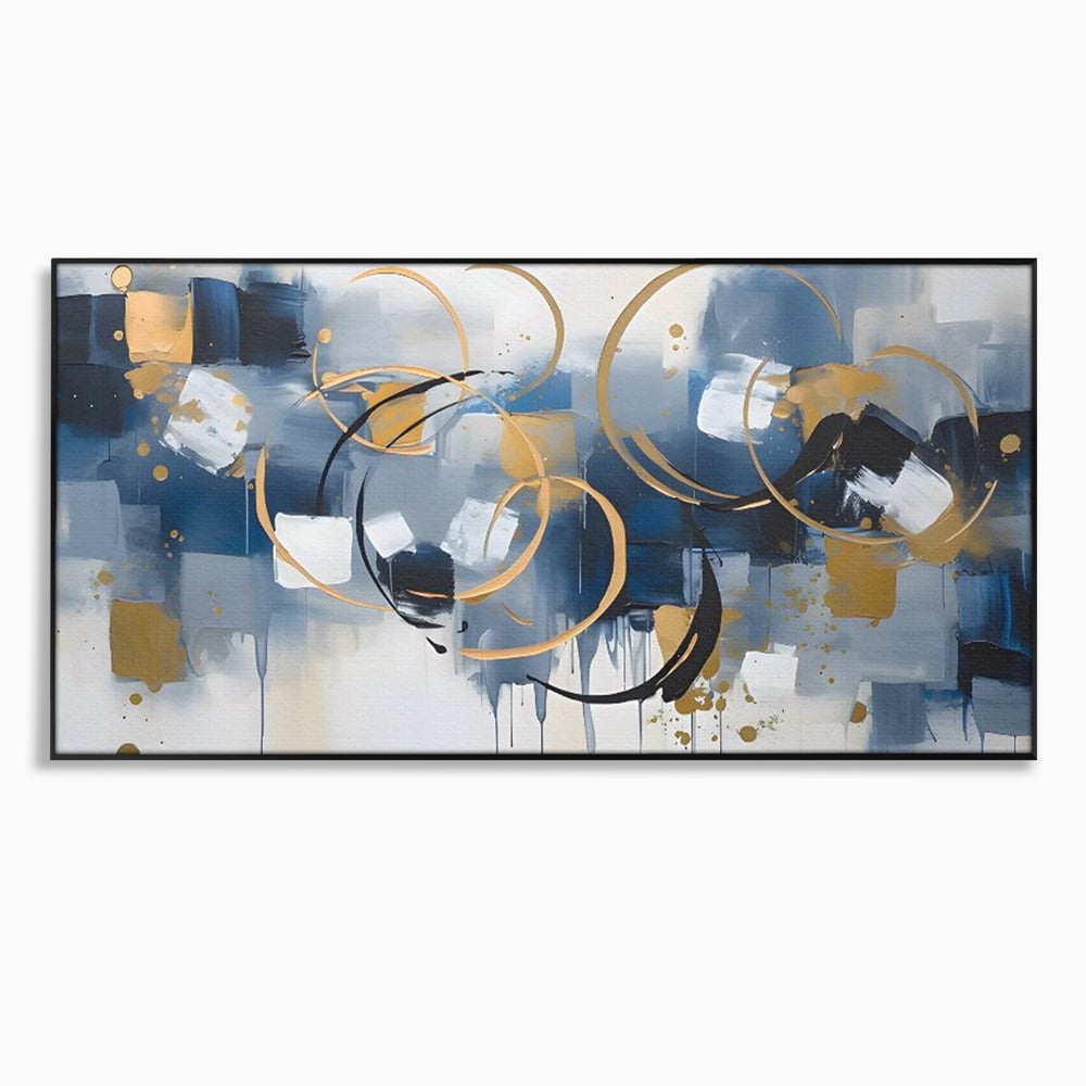 Tablou canvas cu pictura abstracta cu cercuri aurii si albastre, in rama de aluminiu negru