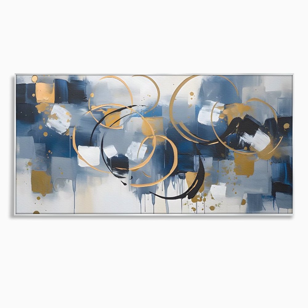 Tablou canvas cu pictura abstracta cu cercuri aurii si albastre, in rama de aluminiu argintiu
