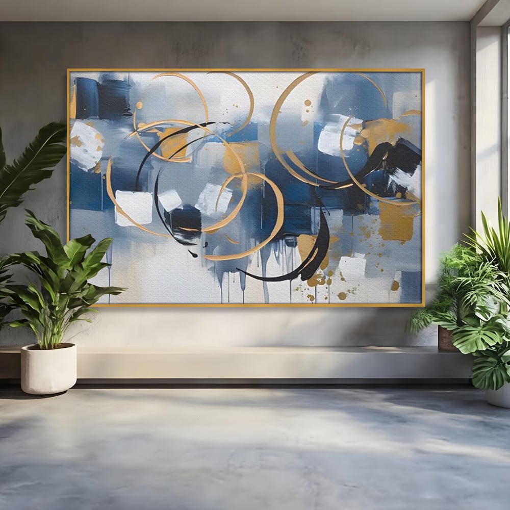 Tablou canvas cu pictura abstracta cu cercuri aurii si albastre, in rama de aluminiu auriu