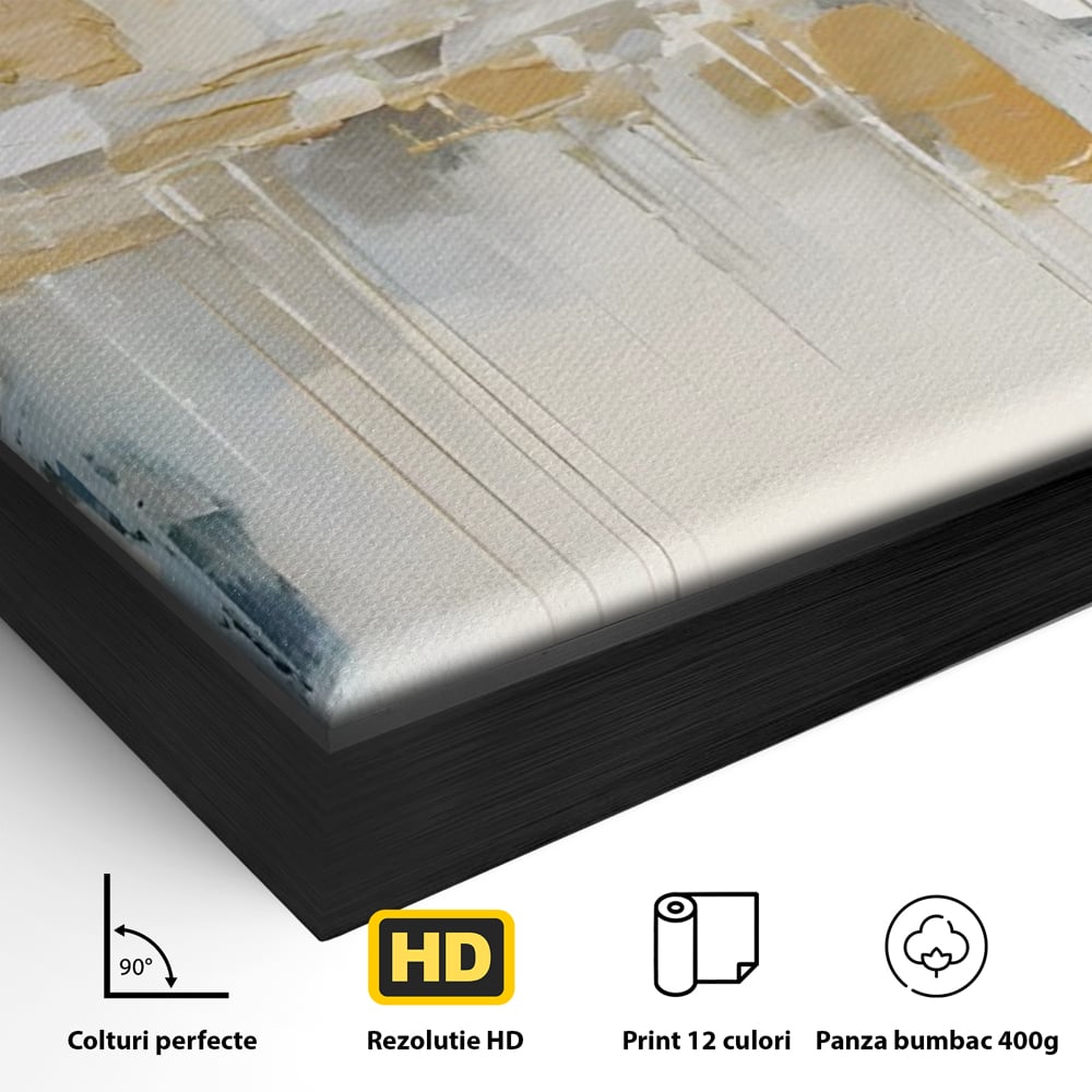 Detaliu al suprafetei: pictura abstracta peisaj urban aurie si albastra, in rama de aluminiu negru