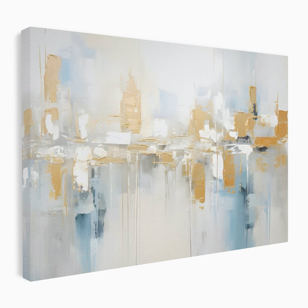 Tablou canvas cu pictura abstracta peisaj urban aurie si albastra, fara rama, pe sasiu de lemn
