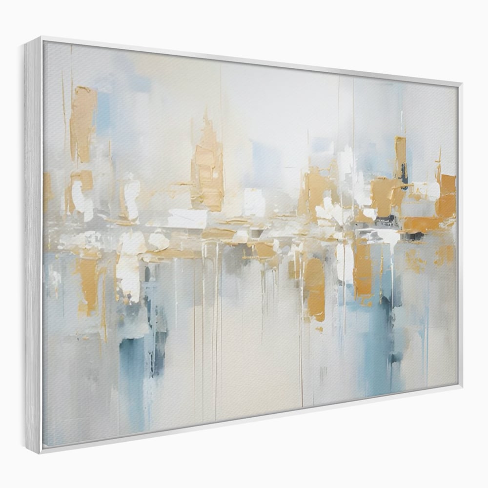 Tablou canvas cu pictura abstracta peisaj urban aurie si albastra, in rama de aluminiu argintiu
