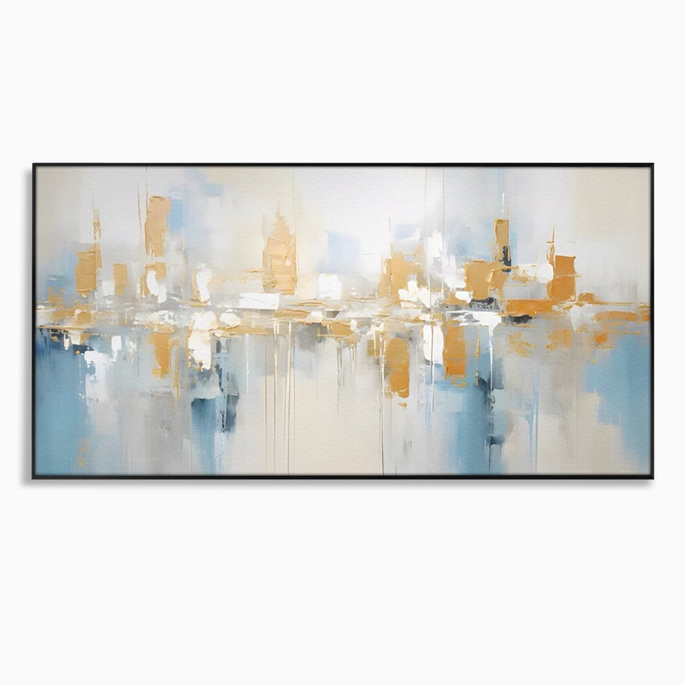 Tablou canvas cu pictura abstracta peisaj urban aurie si albastra, in rama de aluminiu negru