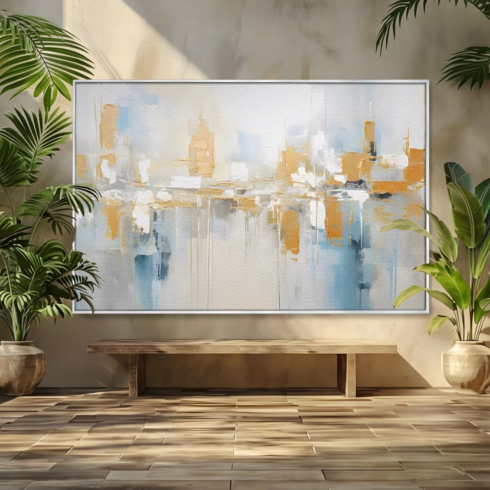 Tablou canvas cu pictura abstracta peisaj urban aurie si albastra, in rama de aluminiu argintiu