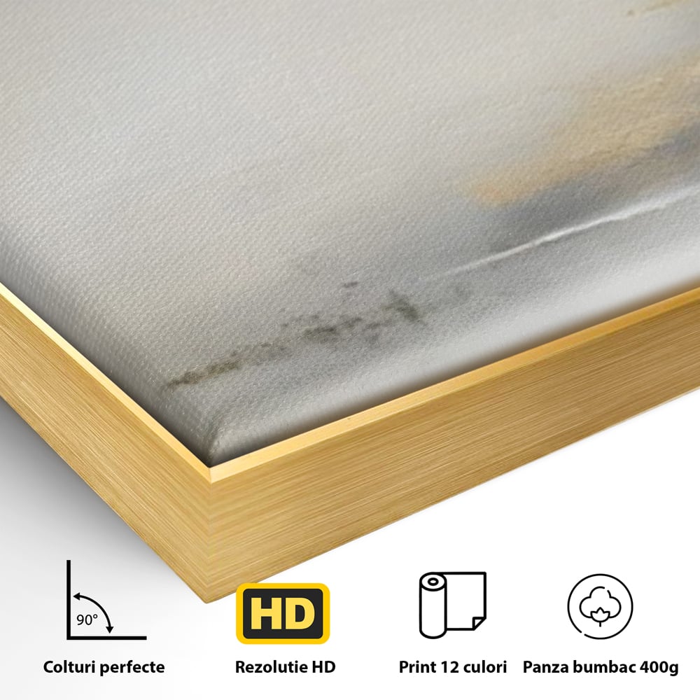 Detaliu al suprafetei: tablou abstract cu ceata si nuante aurii, in rama de aluminiu auriu