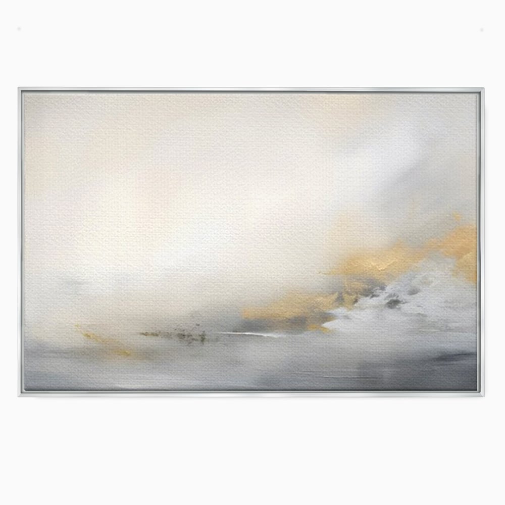 Tablou canvas cu tablou abstract cu ceata si nuante aurii, in rama de aluminiu argintiu
