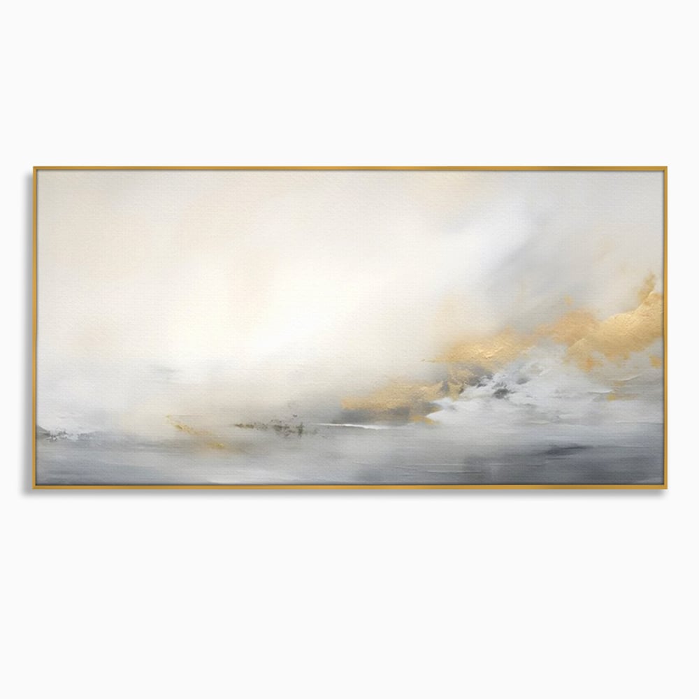 Tablou canvas cu tablou abstract cu ceata si nuante aurii, in rama de aluminiu auriu