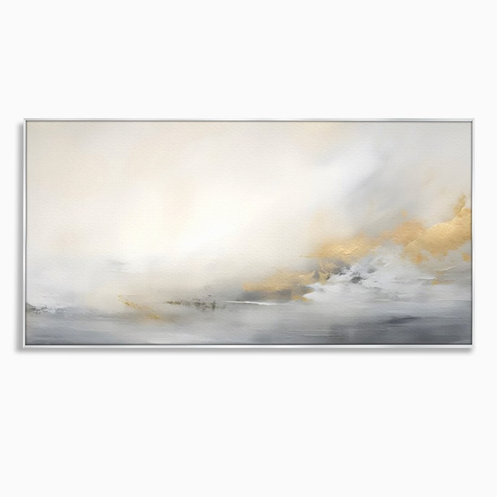 Tablou canvas cu tablou abstract cu ceata si nuante aurii, in rama de aluminiu argintiu