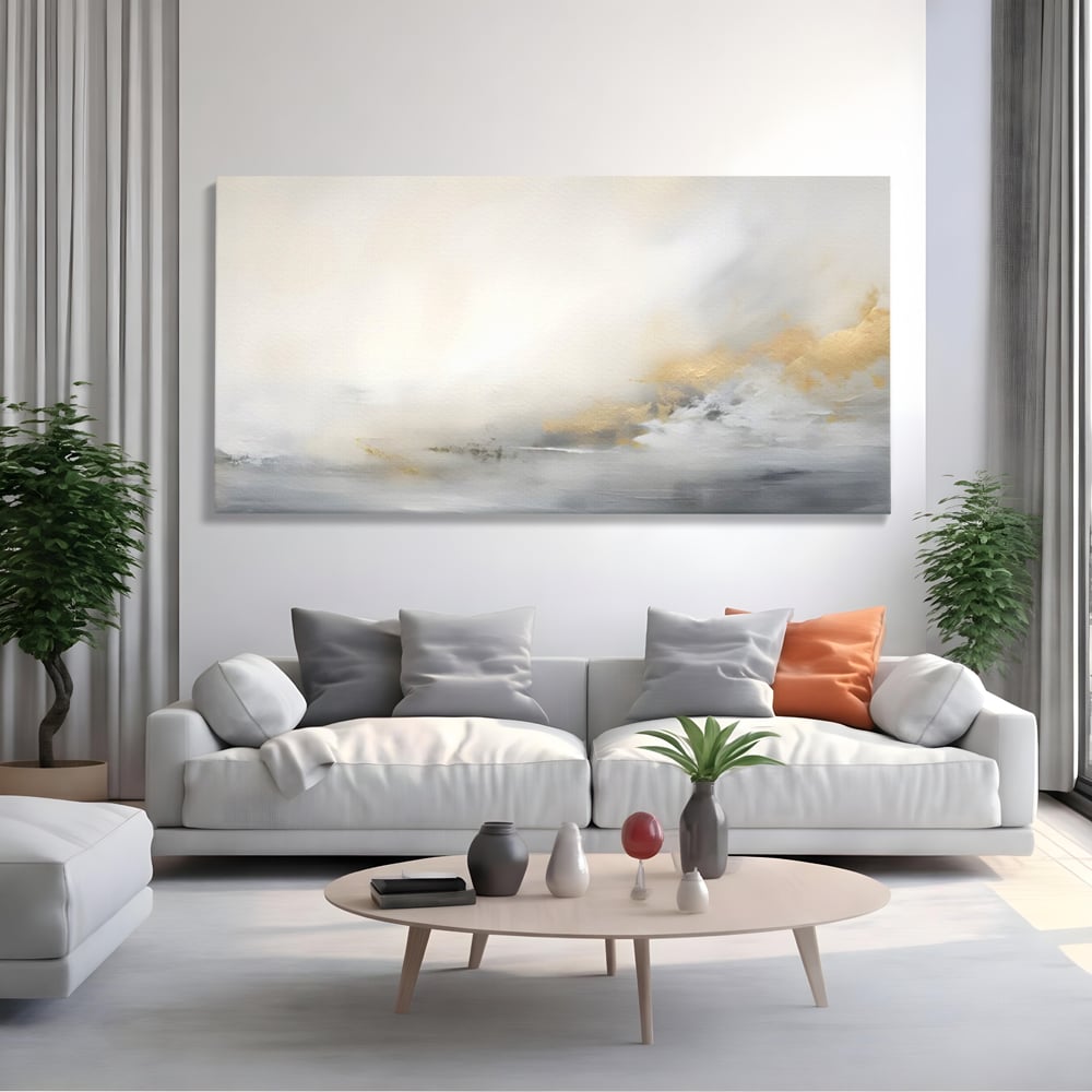 Tablou canvas cu tablou abstract cu ceata si nuante aurii, fara rama, pe sasiu de lemn, pe perete intr-un living
