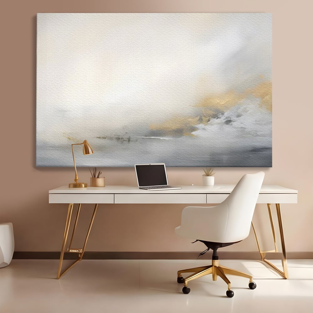 Tablou canvas cu tablou abstract cu ceata si nuante aurii, fara rama, pe sasiu de lemn, pe perete intr-un birou