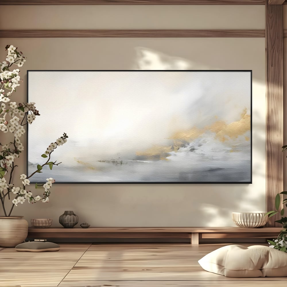 Tablou canvas cu tablou abstract cu ceata si nuante aurii, in rama de aluminiu negru