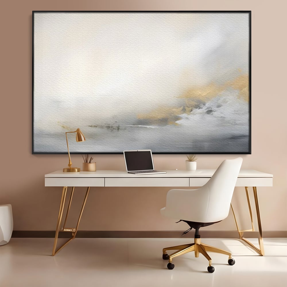 Tablou canvas cu tablou abstract cu ceata si nuante aurii, in rama de aluminiu negru, pe perete intr-un birou