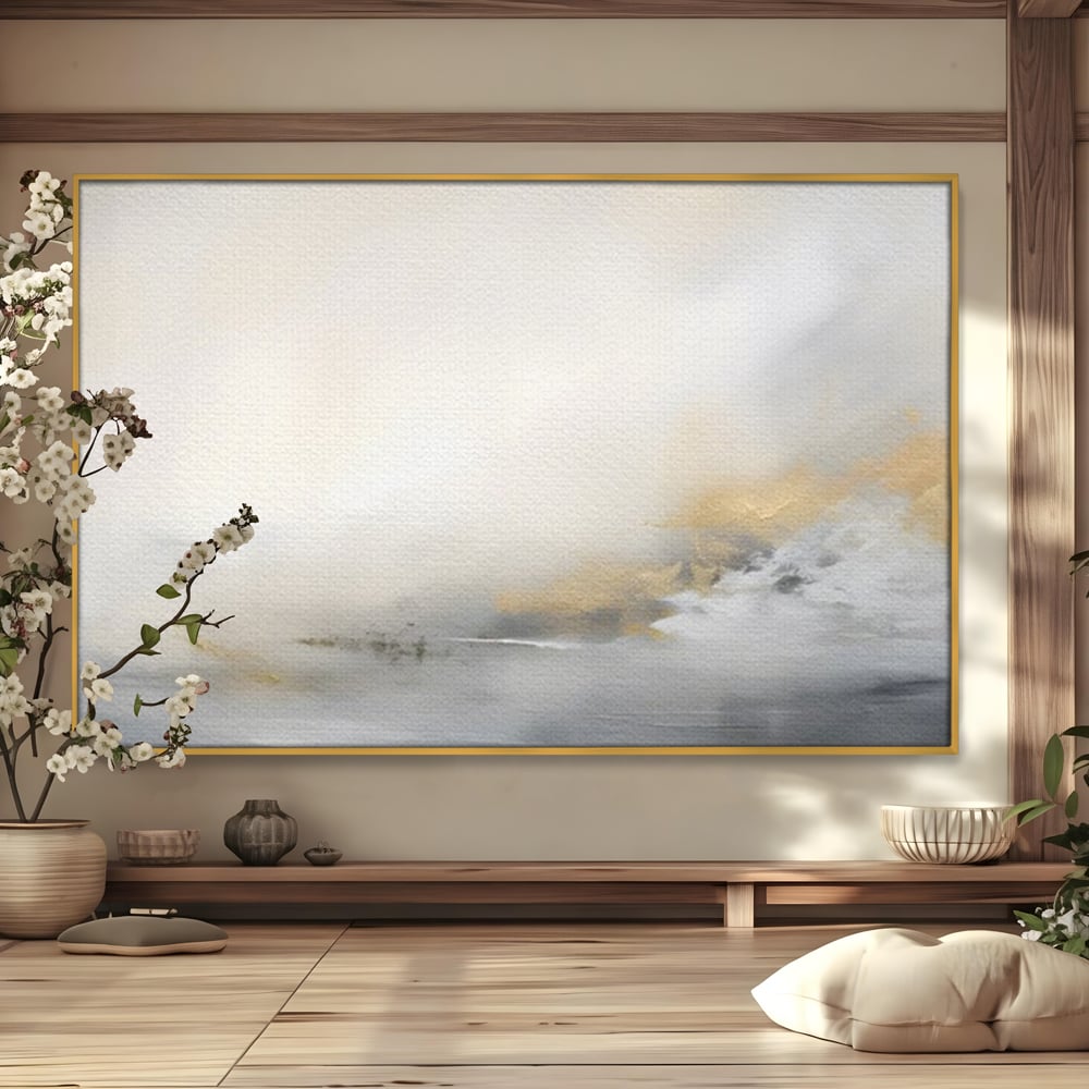 Tablou canvas cu tablou abstract cu ceata si nuante aurii, in rama de aluminiu auriu